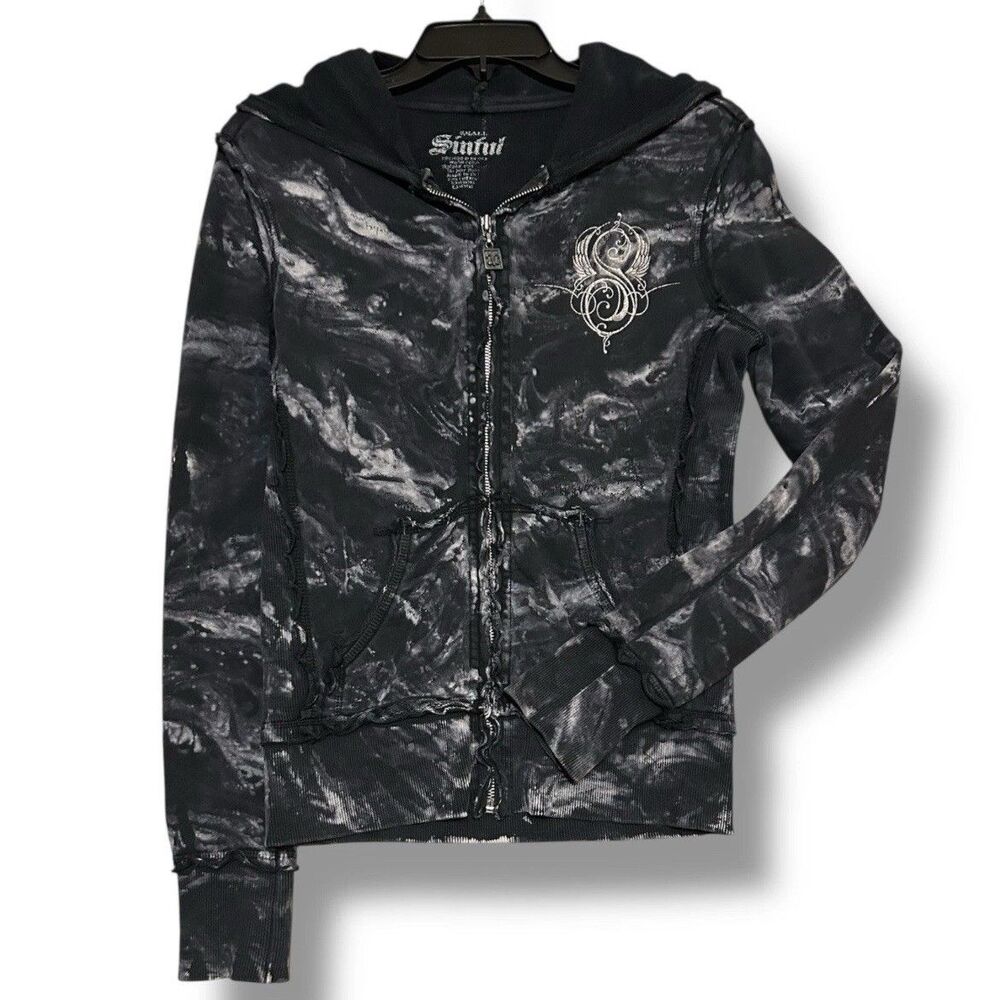 Sinful By Affliction S Grunge Black Jacket Hoodie Rhinestone Skull Wings Y2K - Picture 4 of 15